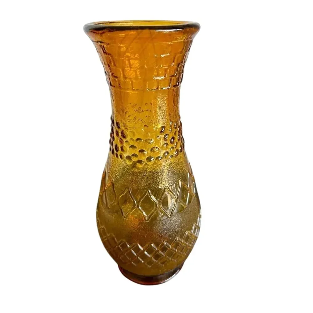 Amber Vase Vintage Large Bubble Double Diamond Design Retro 12